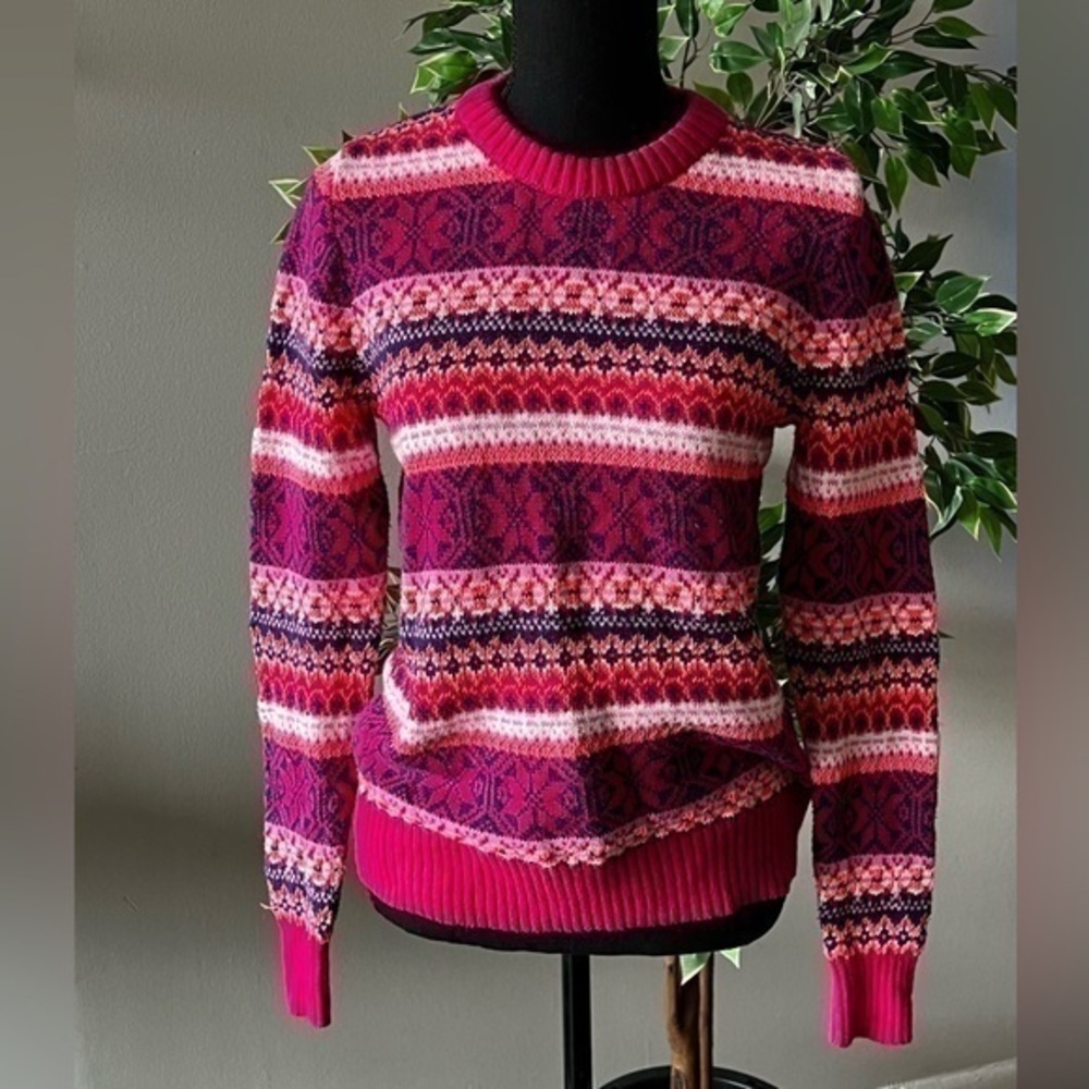 J.Crew Women’s s Cotton Allover Fair Isle Crewneck Sweater Multicolored Pink